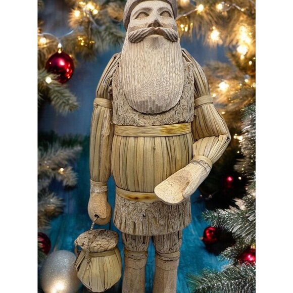 Vintage Folk Art Santa Figurine with Basket Handcrafted Wood and Straw Statue - Picture 1 of 12